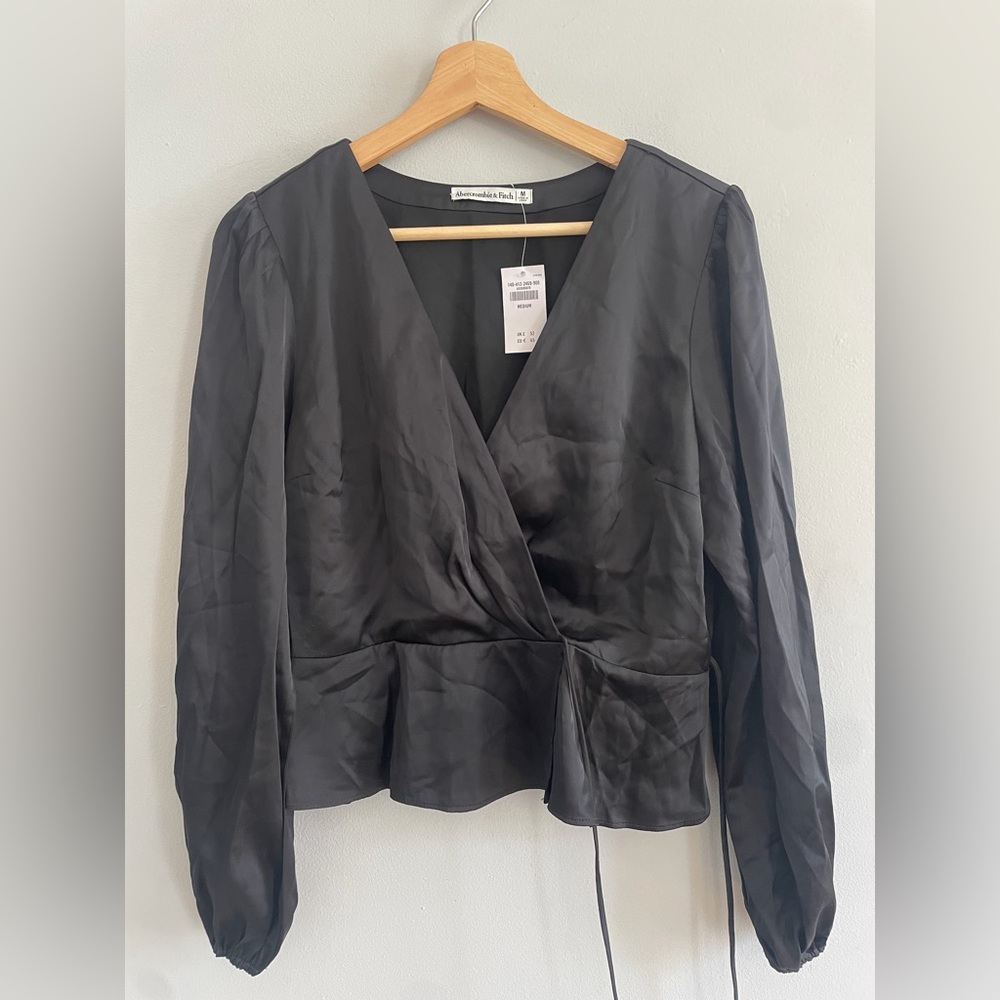 Abercrombie & Fitch Black Satin Wrap Top Drop Waist Black NWT